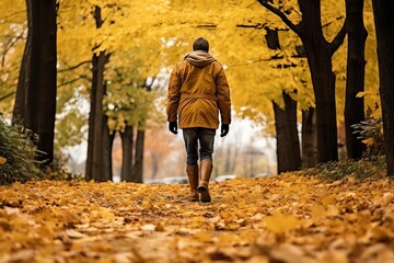 Joyful Stroll: Man with yellow coat and in Boots Amidst Fall Foliage