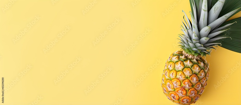 Leinwandbilder Top view of sliced pineapple with leaf on a isolated pastel background Copy space ready for your text