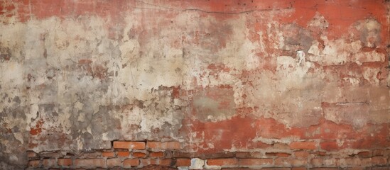 Damaged distressed grungy red brickwall with shabby plaster Abstract banner with copy space isolated pastel background Copy space