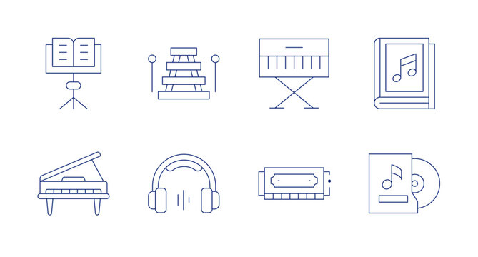 Music Icons. Editable Stroke. Containing Electric Keyboard, Harmonica, Music, Music Album, Music Stand, Piano, Streaming, Xylophone.