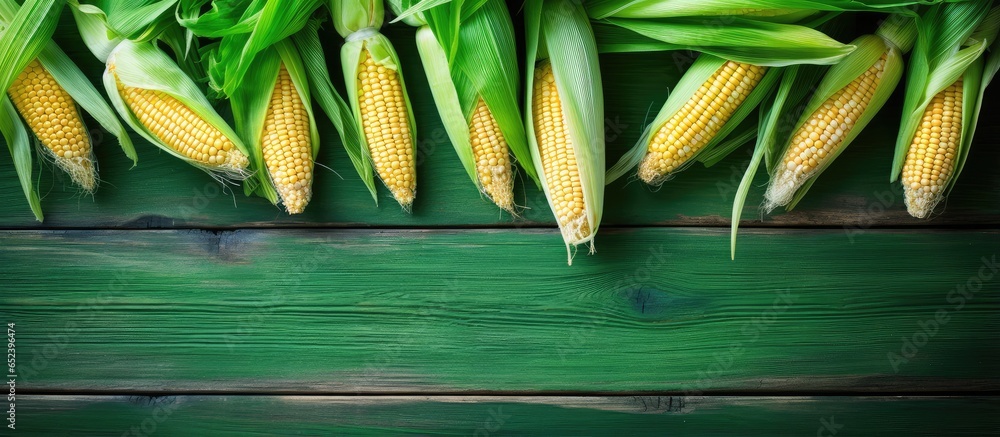 Poster Top view of fresh corn on cobs displayed on a rustic wooden table with a green towel and copy space framed isolated pastel background Copy space