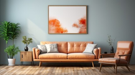 Mock up poster frame in Living Room Mid-Century Modern, Mockups Design 3D, HD