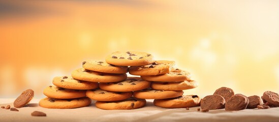 Pile of Coco chip cookies isolated pastel background Copy space