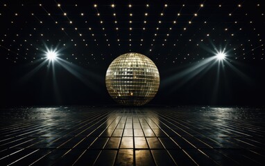 Shiny disco ball at the dark background with star lights.
