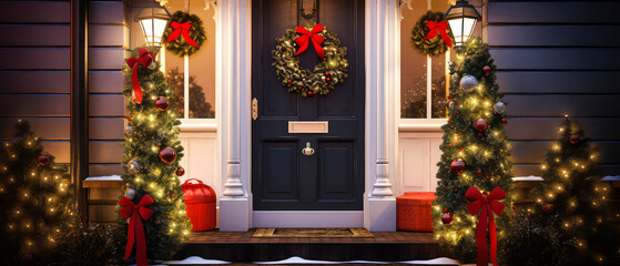 Fototapeta na wymiar Front door with Christmas wreath decoration. Merry Xmas and Happy New Year. Decorated home front door porch. Exterior mockup. Generative ai