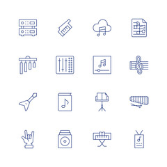 Music line icon set on transparent background with editable stroke. Containing amplifier, chime, electric guitar, hand, keytar, mix, music, music album, music cloud, music player, music stand, piano.
