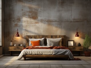 Wall mock up in Bedroom  Industrial Style  in Warm , Mockups Design 3D, HD