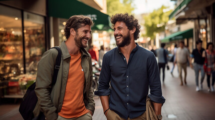 dos hombres apuestos con barba y blancos sonriendo mientras caminan en la calle  - obrazy, fototapety, plakaty