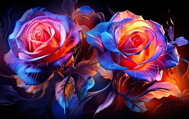Colorful light grows roses on the dark background.