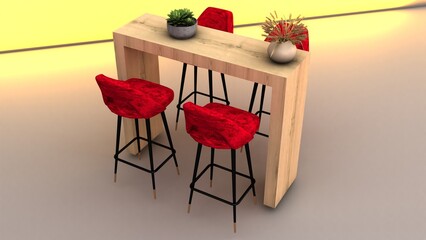Wooden high, long cafe table and red bistro chairs.