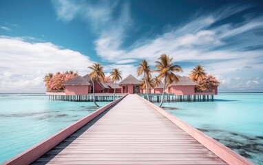 Wooden pier at the beach with hotel resorts at pink sunset sky.