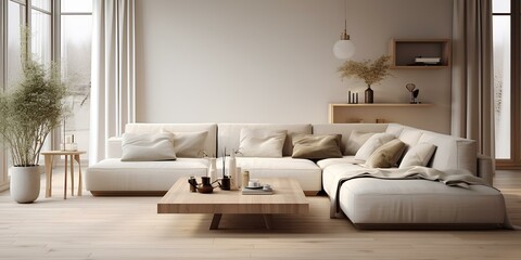 Modern interior of the living room in light white beige tones, with a sofa, coffee table and panoramic window. Home decor.