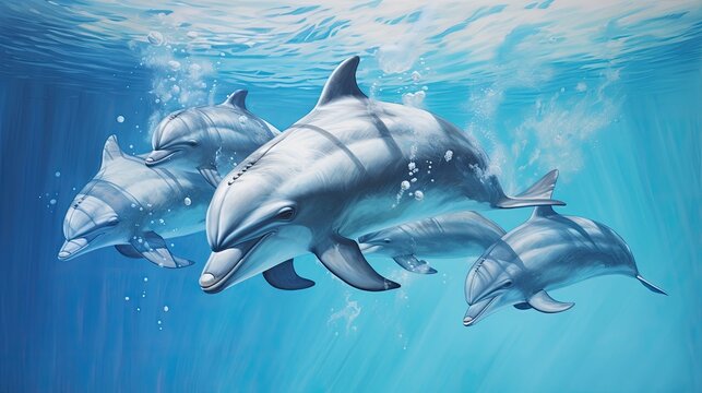 a pod of dolphins swimming near the surface of the water in a Nature-themed image as a JPG horizontal format. generative ai