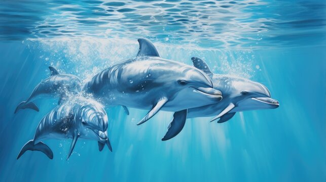 a pod of dolphins swimming near the surface of the water in a Nature-themed image as a JPG horizontal format. generative ai