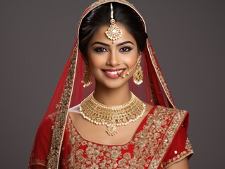 Joyful Indian bride captures happiness, intricate bridal ensemble embodies beauty of love and tradition