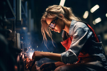 A pretty young blonde-haired lady working in the factory. - obrazy, fototapety, plakaty