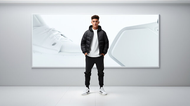 Atleta joven en ropa deportiva con banner por detr&aacute;s, en un fondo blanco 