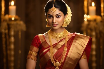 From Mysore, a royal bride shines in silk saree of gold and maroon, temple jewelry amplifying her aura
