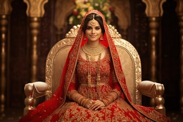 A bride from India's heartland in gold and red lehenga her mehndi and smile define her beautiful day - obrazy, fototapety, plakaty