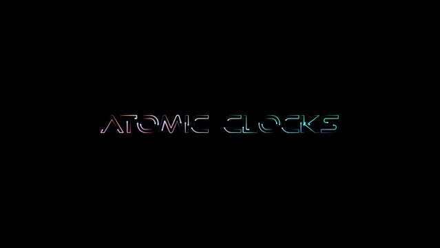 Atomic Clocks glow colorful neon laser text glitch effect animation cinematic title on black abstract background.