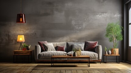 Wall mock up in Living Room Industrial-Chic in Gray , Mockups Design 3D, HD