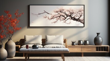 Wall mock up in Living Room Japanese-Inspired in Gray , Mockups Design 3D, HD
