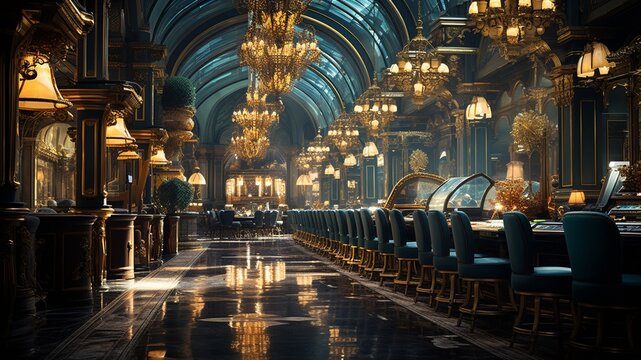 Spacious interior room of a luxurious eco-friendly casino with poker tables, large light chandeliers, and lush indoor plants