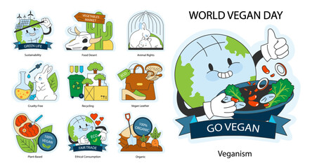 World vegan day set. Go vegan. Organic vegetables, greens, plants or fruits