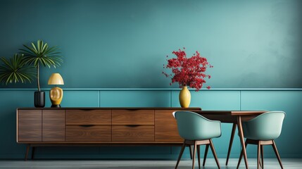 Wall mock up in Dining Room Mid-Century Modern in Blue, Mockups Design 3D, HD
