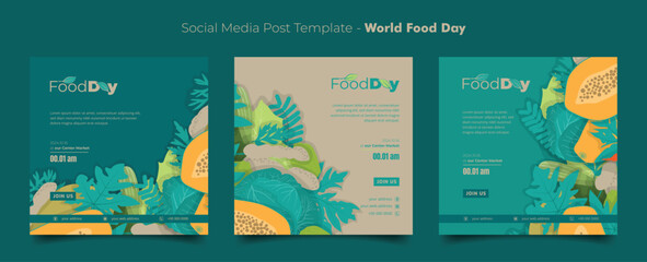 Set of social media post template with flat vegetables design for world food day campaign