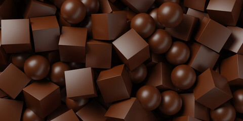 Multiple chocolate cube and ball candiesabstract background