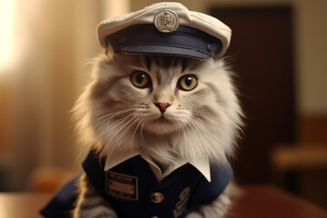 cute cat animal in police uniform - obrazy, fototapety, plakaty