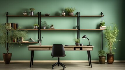Obraz premium Wall Mockup in Home Office Farmhouse Style In Green, Mockups Design 3D, HD
