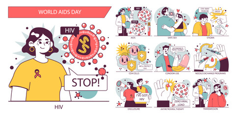 Fototapeta na wymiar World AiDs day set. HIV, immunodeficiency virus transmission, laboratory