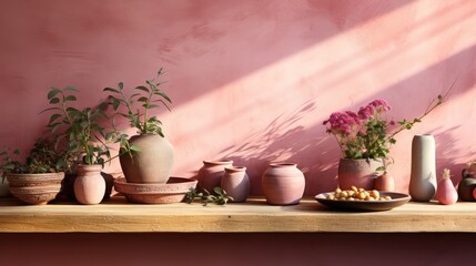 Wall mockup in Kitchen Boho Chic Style in Pink Color, Mockups Design 3D, HD