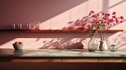 Wall Mockup in Kitchen Coastal Style in Pink Color, Mockups Design 3D, HD