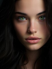 Fototapeta premium Portrait of a Beautiful Woman with Green Eyes and Dark Hairs.