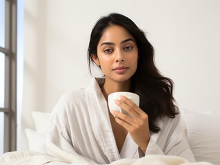 Indian beauty in lifestyle ad showcases chic morning self-care, inspiring positive vibes