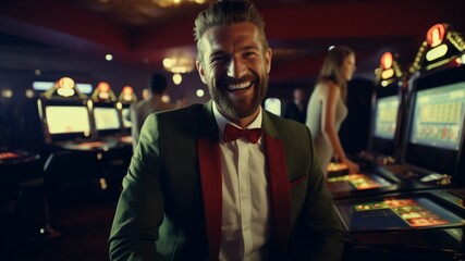 Fototapeta na wymiar Handsome man in suit laughing and smiling in front of a slot machine in a luxurious casino