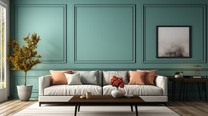 Wall mockup in Living Room Contemporary Style In Cool, Mockups Design 3D, HD