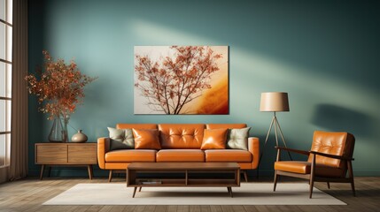 Wall mockup in Living Room Mid-Century Modern in Warm, Mockups Design 3D, HD