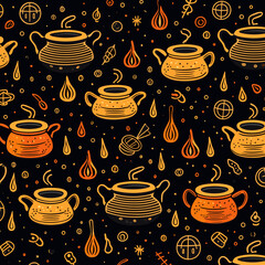 Wizards Cauldrons pattern, background, hand-drawn cartoon flat art Illustrations in minimalist vector style