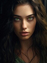 Fototapeta premium Portrait of a Beautiful Woman with Green Eyes and Dark Hairs.