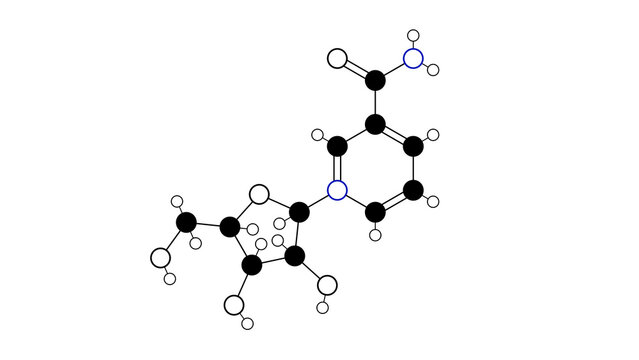 nicotinamide riboside molecule, structural chemical formula, ball-and-stick model, isolated image vitamin b3