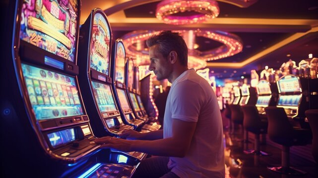 Handsome man in suit laughing and smiling in front of a slot machine in a luxurious casino