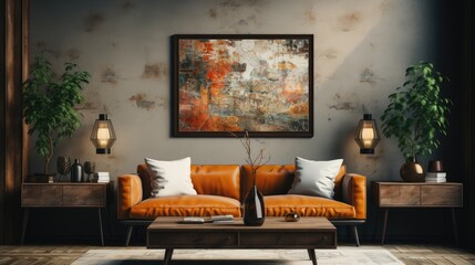 Wall mockup in Living Room Vintage in Warm Color, Mockups Design 3D, HD