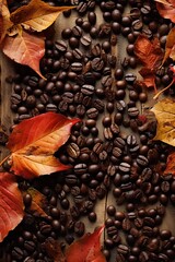 Some Cocoa Beans over a Wooden Surface with some Autumnal Leafs near. Fall Season.