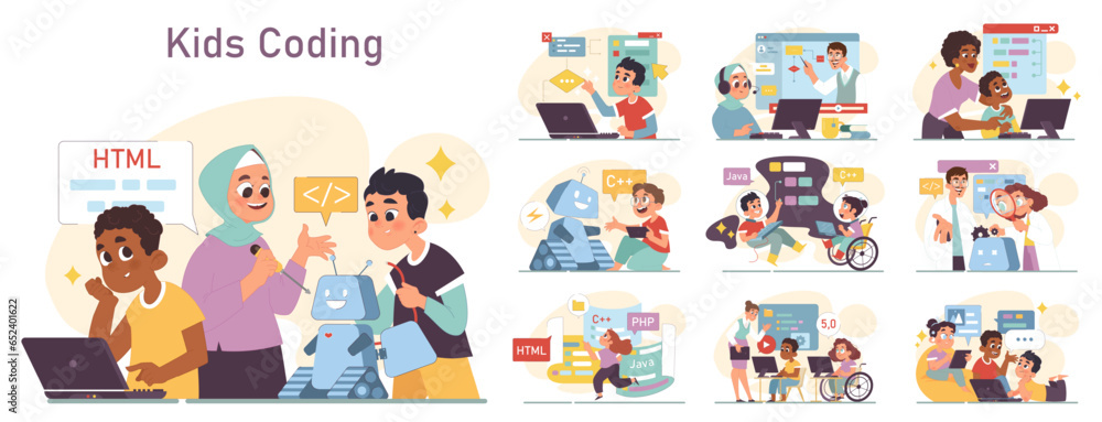 Aufkleber diverse children programming set. computer science, ai, game technologies