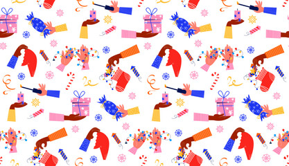 Seamless pattern with New Year elements in hands in flat retro cartoon style. Vector background of hands holding gifts, candy, sock with gifts.