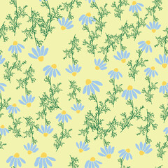 Seamless pattern Creative floral print with chamomile flowers, leaves in hand drawn style on a blue-turquoise background